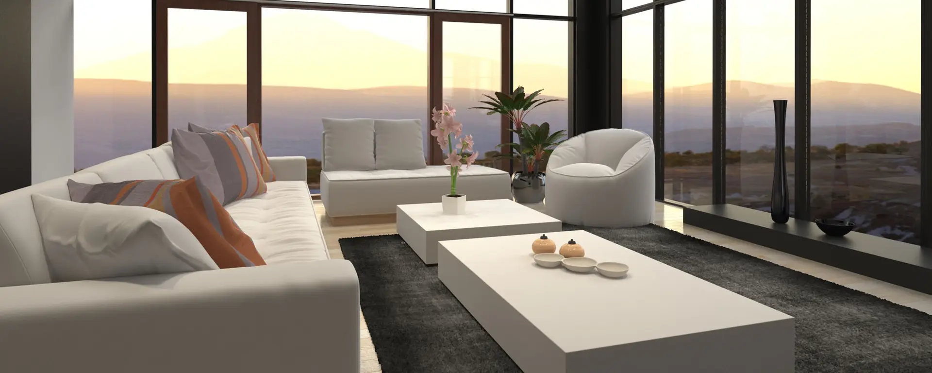 Open concept living room at sunset